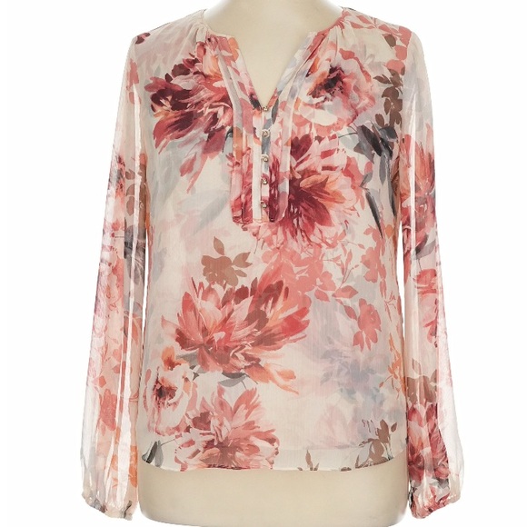 WHITE HOUSE BLACK MARKET Floral Semi-Sheer Long Sleeve V-Neck Blouse Size 14 - Picture 3 of 5